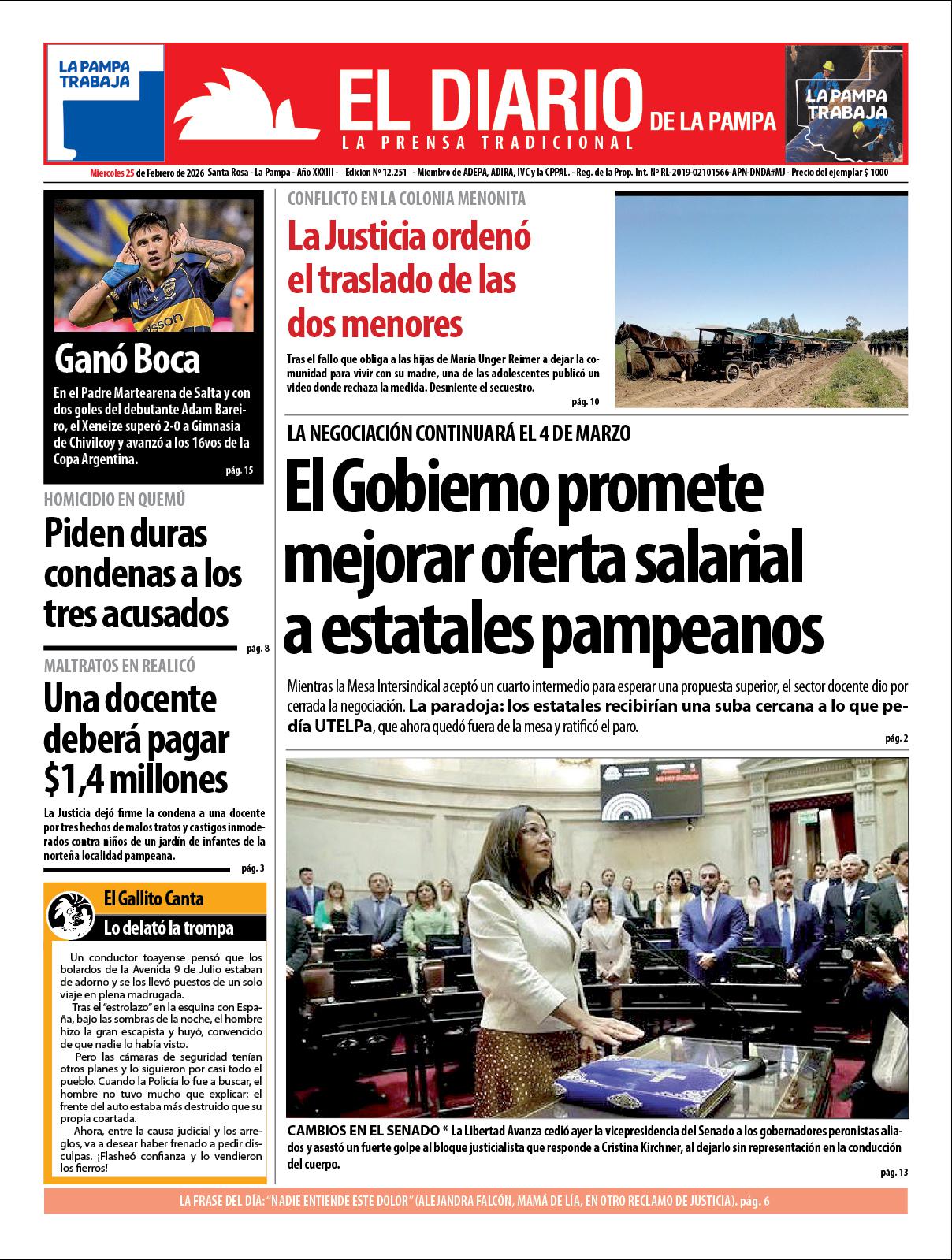 Tapa de El Diario en papel  mieacutercoles 25 de febrero de 2026